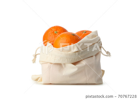 Cotton bag with ripe mandarins isolated on white background 70767228