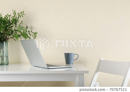 Laptop, vase with plant and coffee on white table Laptop, vase with plant and coffee on white table 70767521