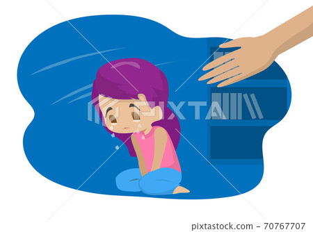 The hand that stood into the world of the unhappy girl sat on her knees, cried out. Ideas for supporting and caring for those who are under stress. Vector illustration in flat style The hand that stood into the world of the unhappy girl sat on her knees, cried out. Ideas for supporting and caring for those who are under stress. Vector illustration in flat style 70767707