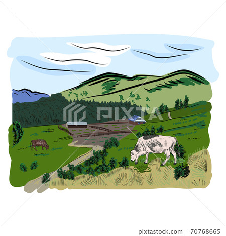 Beautiful hand drawn sketch illustration cow and mountains for your design. Eco farm. 70768665