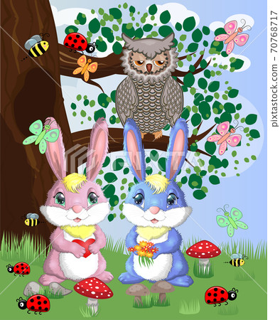 Two cute bunny in a forest glade. Boy and girl, concept spring, love Two cute bunny in a forest glade. Boy and girl, concept spring, love 70768717