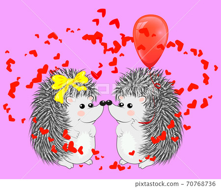 Invitation card with cute cartoon Hedgehogs in love with Heart Shaped Balloons. Happy Valentine's day. 70768736