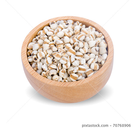 Job's tears or Coix lacryma-jobi in a wooden bowl isolated on white background, 70768906