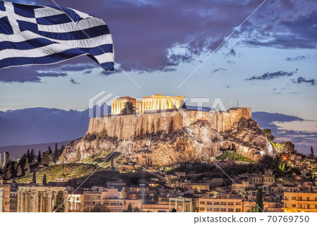Acropolis with Parthenon temple against Greek flag in Athens, Greece Acropolis with Parthenon temple against Greek flag in Athens, Greece 70769750