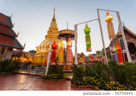 Colorful Lamp Festival and Lantern in Loi Krathong at Wat Phra That Hariphunchai, Lamphun Province, Thailand Colorful Lamp Festival and Lantern in Loi Krathong at Wat Phra That Hariphunchai, Lamphun Province, Thailand 70770443