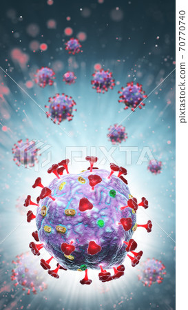 3d render of pathogenic virus organism or bacteria infecting and causing disease. Close up from microscope of coronavirus. 70770740