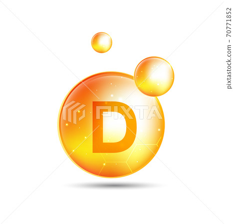 Vitamin D gold shining pill with Chemical formula, Ascorbic acid. vector design. 70771852