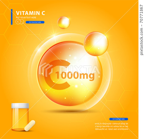 Vitamin C gold shining pill with Chemical formula, Ascorbic acid. vector design. 70771867