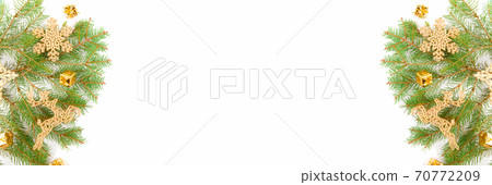 Christmas frame, fresh fir tree branches with golden baubles, reindeer, snowflakes isolated web banner 70772209