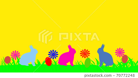 Abstract Easter holiday greeting card. Rabbits and easter eggs on green grass and yellow background. Space for text Abstract Easter holiday greeting card. Rabbits and easter eggs on green grass and yellow background. Space for text 70772248