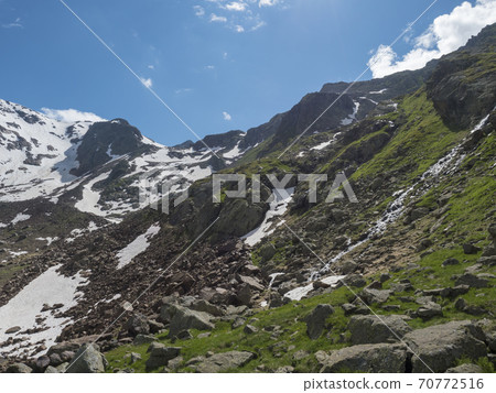 view on snow-capped moutains at Stubai hiking trail, Stubai Hohenweg, Alpine landscape of Tyrol, Stubai Alps, Austria. Summer blue sky view on snow-capped moutains at Stubai hiking trail, Stubai Hohenweg, Alpine landscape of Tyrol, Stubai Alps, Austria. Summer blue sky 70772516
