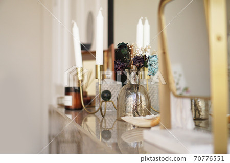Home interior decor. Glass jar with dried flowers, vase and candle 70776551