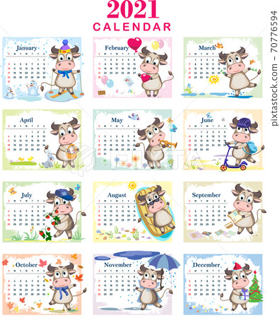 Children's calendar for 2021 - year of ox. Funny cute black and white spotted cows are having fun and relaxing. Cartoon vector template for calendar or planner. Children's calendar for 2021 - year of ox. Funny cute black and white spotted cows are having fun and relaxing. Cartoon vector template for calendar or planner. 70776594