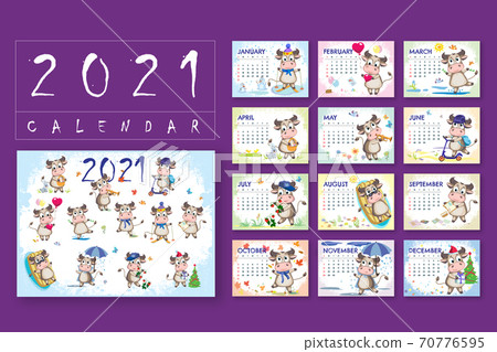 Children's calendar for 2021 - year of ox. Funny cute black and white spotted cows are having fun and relaxing. Cartoon vector template for calendar or planner. Children's calendar for 2021 - year of ox. Funny cute black and white spotted cows are having fun and relaxing. Cartoon vector template for calendar or planner. 70776595
