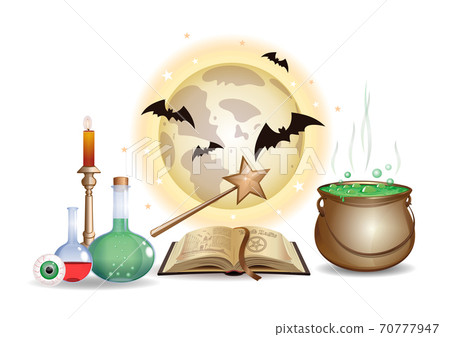 Magic objects set. Wizard laboratory with book 70777947