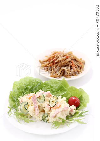 Potato salad Kinpira gobo white background Potato salad Kinpira gobo white background 70779833