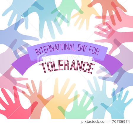 International Day of Tolerance. Rainbow hands up with a greeting ribbon . Commonwealth and unity. Childhood and joy. 70786974