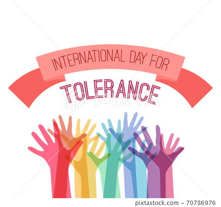 International Day of Tolerance. Rainbow hands up with a greeting ribbon on white background. Commonwealth and unity. Acceptance of all. 70786976