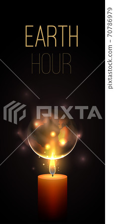 Earth Hour. Time without electricity. Nature conservation. Ecological problem of planet pollution. Vector card with realistic burning candle, flame and planet Earth on a dark background. Earth Hour. Time without electricity. Nature conservation. Ecological problem of planet pollution. Vector card with realistic burning candle, flame and planet Earth on a dark background. 70786979