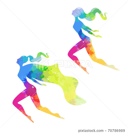Set of silhouettes of women superheroes with rainbow watercolor stains. The rights of women and lesbians. Female power and independence. Vector object 70786989