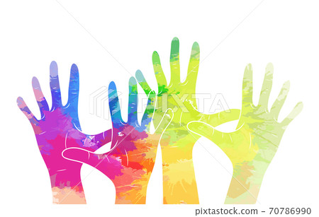 Human rights. Hands up with rainbow watercolor stains. Volunteers and the community. Union and friendship of different people. Vector illustration 70786990