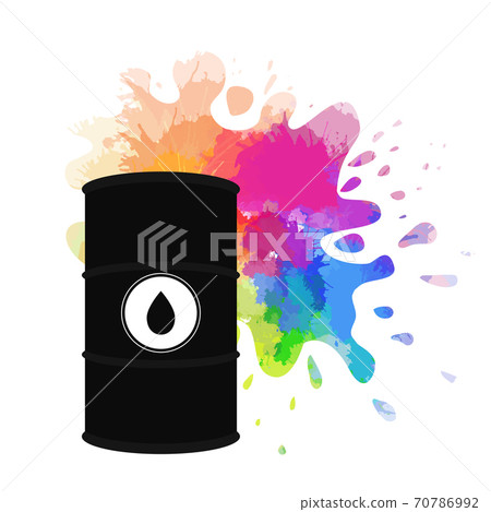 Spilled rainbow oil. Vector illustration of oil barrel, oil splash and drops around. Watercolor splashes. The object is separate from the background Spilled rainbow oil. Vector illustration of oil barrel, oil splash and drops around. Watercolor splashes. The object is separate from the background 70786992