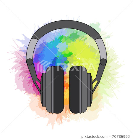 Contour illustration of wireless headphones on a rainbow watercolor splash. Music and creativity. Equipment for DJs and music lovers. Vector element Contour illustration of wireless headphones on a rainbow watercolor splash. Music and creativity. Equipment for DJs and music lovers. Vector element 70786993