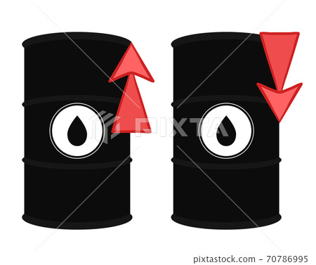 Rise and decline in price of oil market prices. Set of vector illustrations of oil barrel and red up and down arrow. Increasing demand. Fuel shortage. Rise and decline in price of oil market prices. Set of vector illustrations of oil barrel and red up and down arrow. Increasing demand. Fuel shortage. 70786995