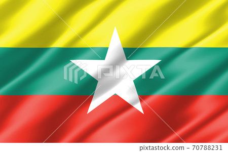 Silk wavy flag of Myanmar graphic. Wavy Burmese flag 3D illustration. Rippled Myanmar country flag is a symbol of freedom, patriotism and independence. 70788231