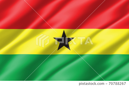 Silk wavy flag of Ghana graphic. Wavy Ghanaian flag 3D illustration. Rippled Ghana country flag is a symbol of freedom, patriotism and independence. 70788267