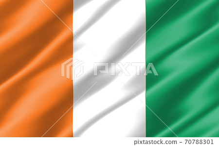 Silk wavy flag of Cote de Ivoire graphic. Wavy Ivorian flag 3D illustration. Rippled Cote de Ivoire country flag is a symbol of freedom, patriotism and independence. 70788301