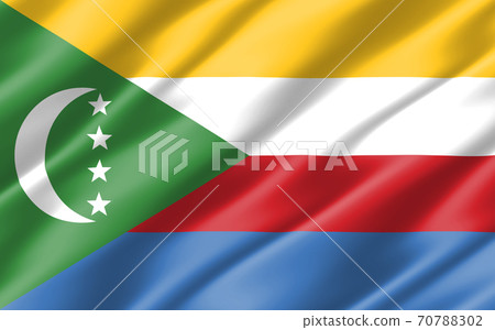 Silk wavy flag of Comoros graphic. Wavy Comorian flag 3D illustration. Rippled Comoros country flag is a symbol of freedom, patriotism and independence. Silk wavy flag of Comoros graphic. Wavy Comorian flag 3D illustration. Rippled Comoros country flag is a symbol of freedom, patriotism and independence. 70788302