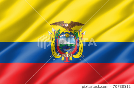 Silk wavy flag of Ecuador graphic. Wavy Ecuadorian flag illustration. Rippled Ecuador country flag is a symbol of freedom, patriotism and independence. 70788511