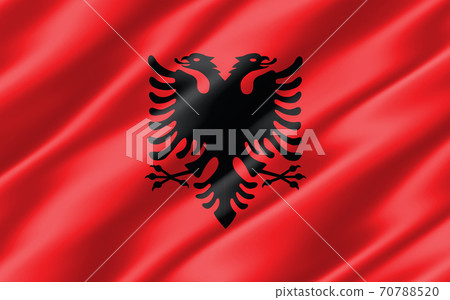 Silk wavy flag of Albania graphic. Wavy Albanian flag illustration. Rippled Albania country flag is a symbol of freedom, patriotism and independence. 70788520