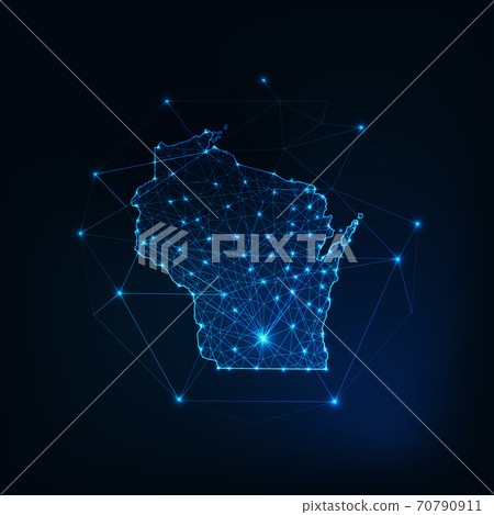 Wisconsin state USA map glowing silhouette made of stars lines dots triangles, low polygonal shapes. 70790911