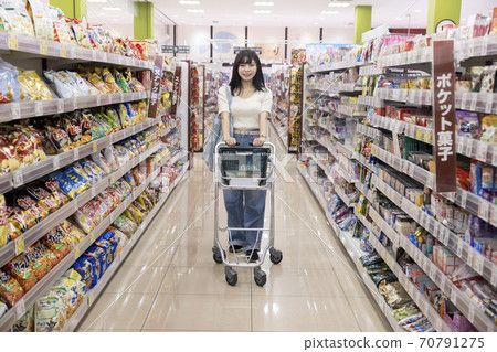 Young female customers shopping at the supermarket 70791275