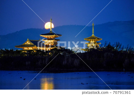 滿月和藥師寺的夜景（奈良縣奈良市） 70791361