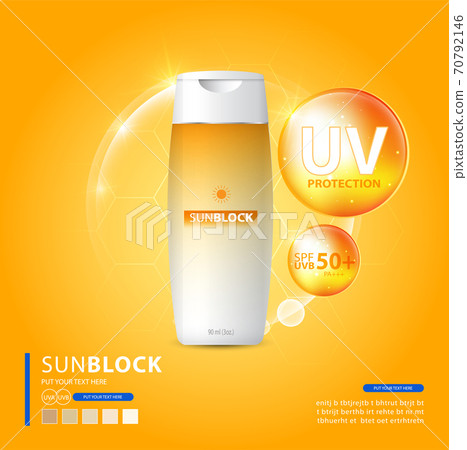 Sunblock ads template, sun protection cosmetic products design with moisturizer cream or liquid, sparkling background with glitter polka, vector design. 70792146