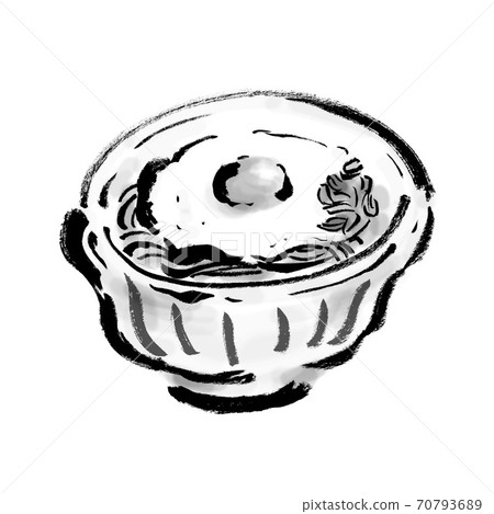 黑色和白色單色單色的Tororo蕎麥麵的日式手繪毛筆劃插圖 70793689