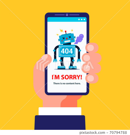 404 error on the mobile version of the site. hand holds a smartphone. illustration of a broken robot.  70794788