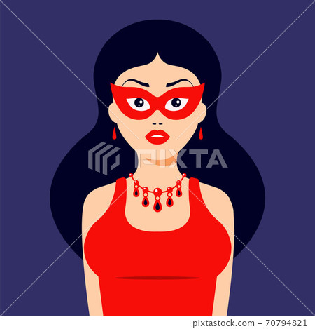 girl in evening dress and mask at a theme party. necklace on the neck.  70794821