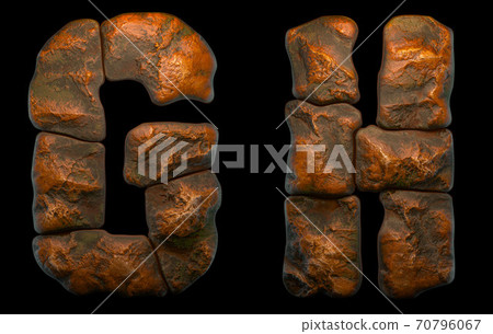 Set of rocky letters G, H. Font of stone on black background. 3d Set of rocky letters G, H. Font of stone on black background. 3d 70796067