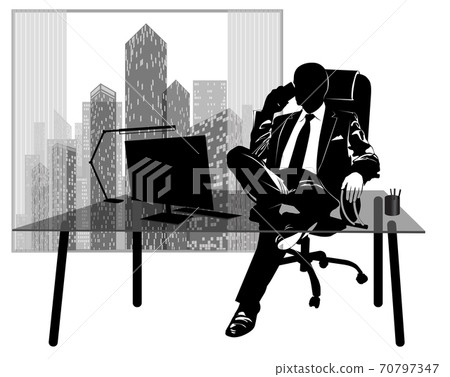 Silhouette of a businessman talking on the phone at his desk against the background of a window with skyscrapers Silhouette of a businessman talking on the phone at his desk against the background of a window with skyscrapers 70797347