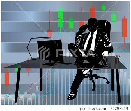 Silhouette of businessman talking on the phone at his desk against the background of financial charts Silhouette of businessman talking on the phone at his desk against the background of financial charts 70797349