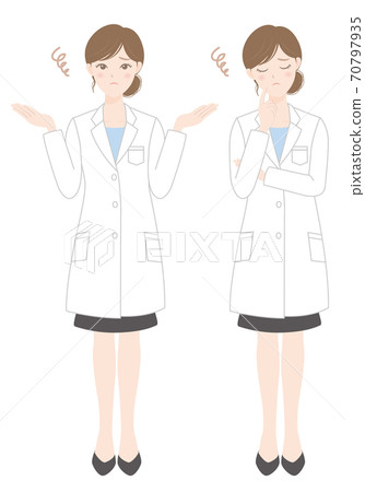 A woman in a white coat is worried, thinking, troubled 70797935