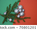 Christmas photos with silver tree balls and conifer branches on a red-green background 70801201