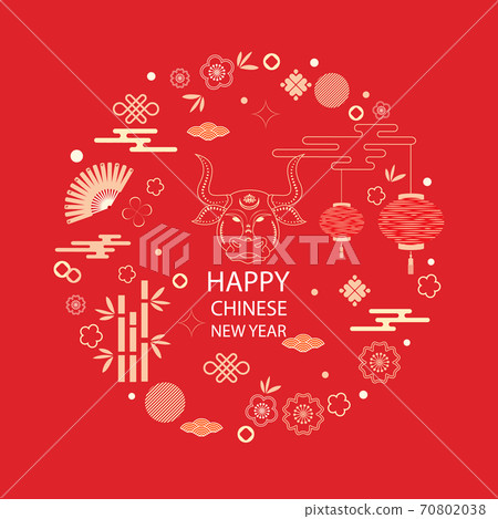 Bright banner with Chinese elements for 2021 New Year. Patterns in a modern style, geometric decorative ornaments. Vector illustration. Hieroglyph bull Bright banner with Chinese elements for 2021 New Year. Patterns in a modern style, geometric decorative ornaments. Vector illustration. Hieroglyph bull 70802038