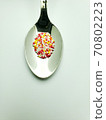 granules from capsules in a teaspoon on a white background 70802223
