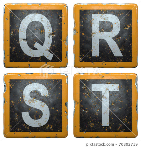 Public road sign orange and black color with a capital set of letters Q, R, S, T in the center isolated on white background. 3d Public road sign orange and black color with a capital set of letters Q, R, S, T in the center isolated on white background. 3d 70802719