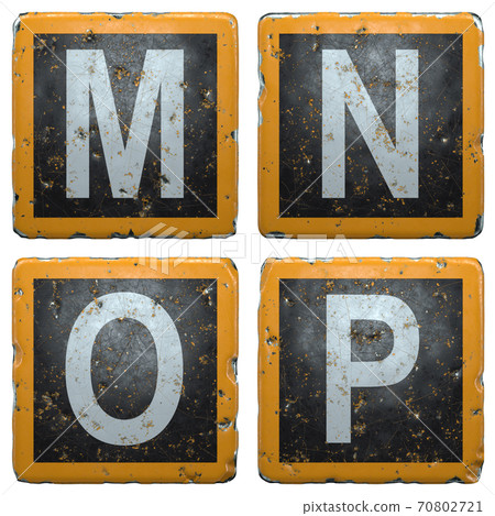 Public road sign orange and black color with a capital set of letters M, N, O, P in the center isolated on white background. 3d Public road sign orange and black color with a capital set of letters M, N, O, P in the center isolated on white background. 3d 70802721